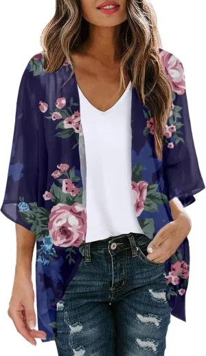 Cardigan for Women Lightweight Summer Floral 3/4 Sleeve Duster Cardigans Casual Comfort Open Front Kimonos Cover Up Blouse