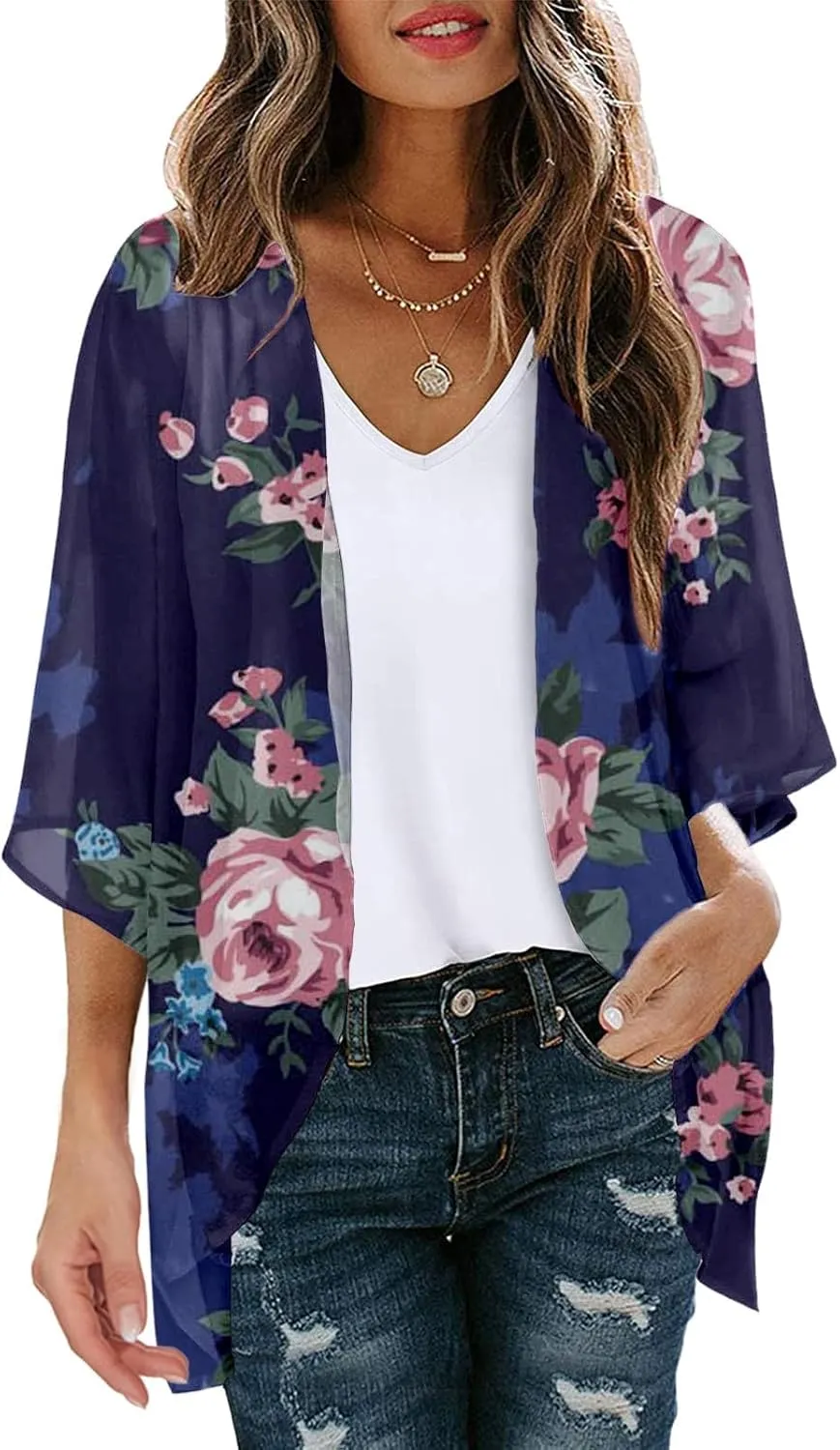Cardigan for Women Lightweight Summer Floral 3/4 Sleeve Duster Cardigans Casual Comfort Open Front Kimonos Cover Up Blouse