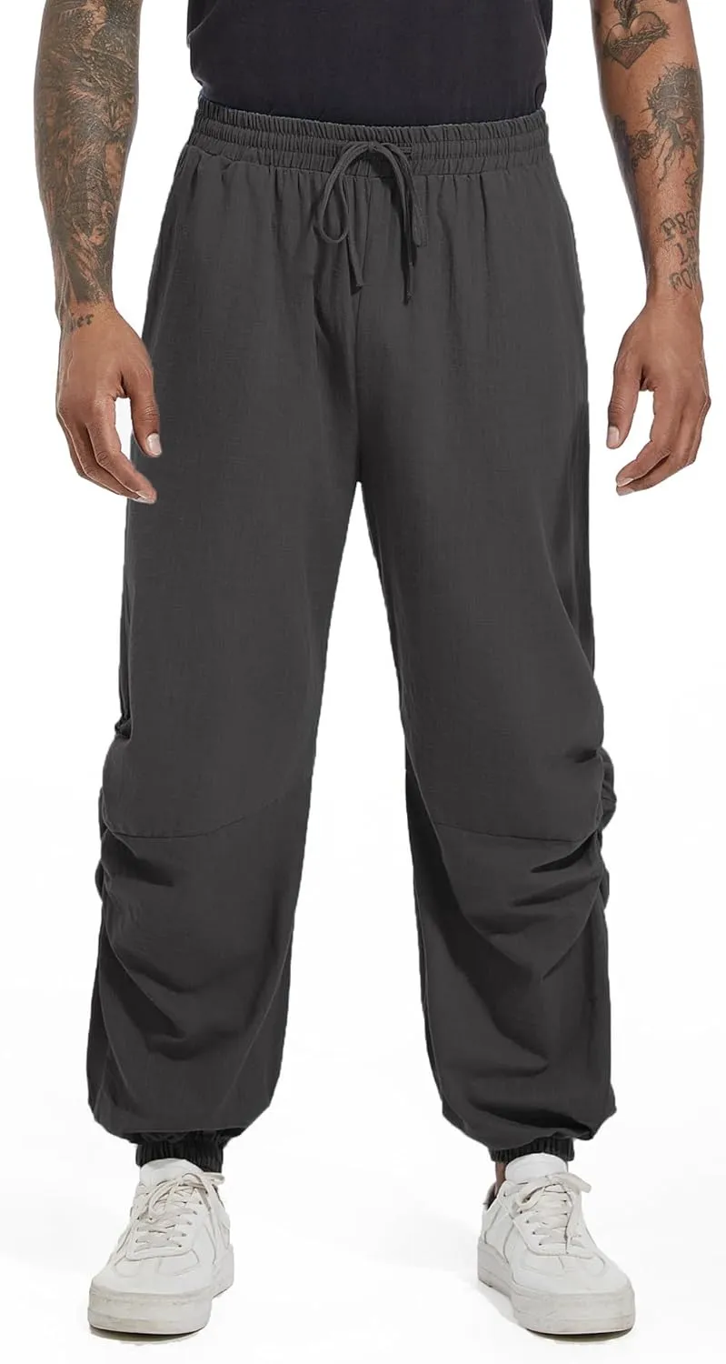 CLANMILUMS Mens Cotton Linen Drawstring Pants Elastic Waist Casual Jogger Yoga Pants