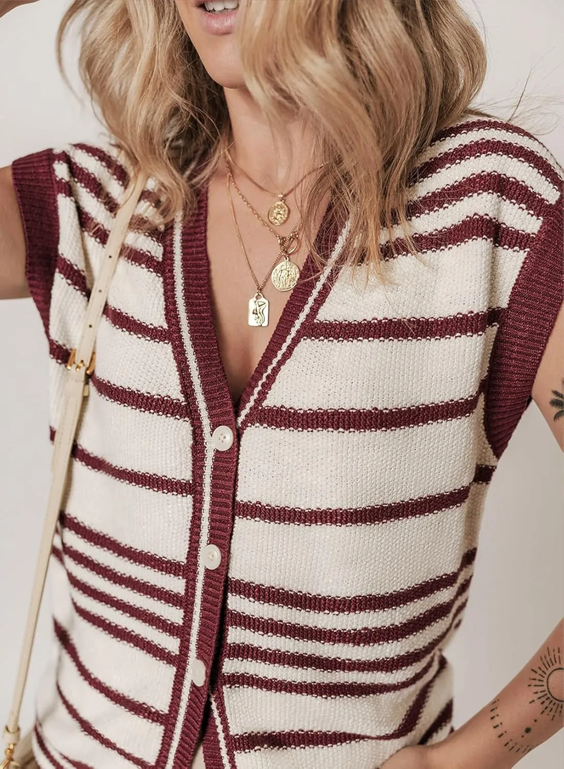 Dokotoo Sweater Vest Women Striped V Neck Button Vest for Women Vest Top Spring Cardigan Sweaters for Women 2025