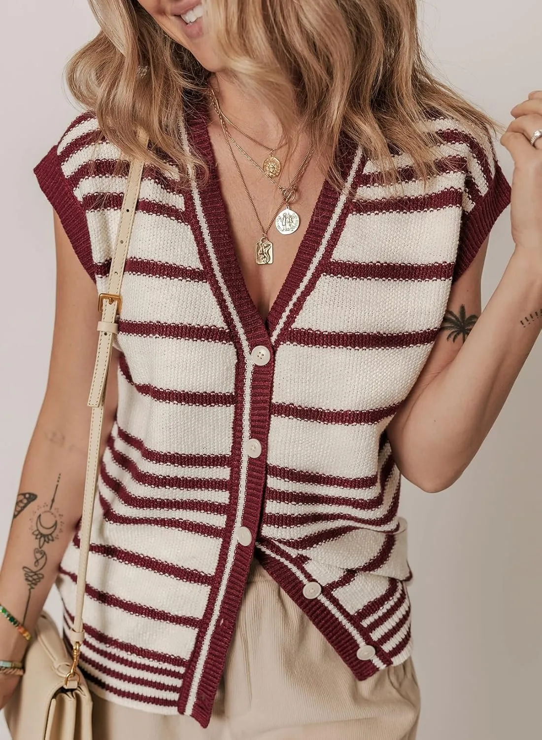 Dokotoo Sweater Vest Women Striped V Neck Button Vest for Women Vest Top Spring Cardigan Sweaters for Women 2025