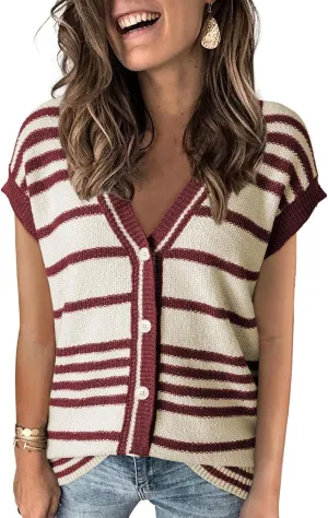Dokotoo Sweater Vest Women Striped V Neck Button Vest for Women Vest Top Spring Cardigan Sweaters for Women 2025