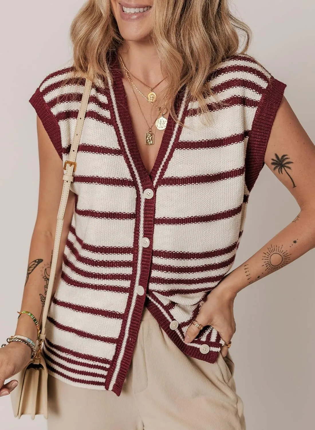 Dokotoo Sweater Vest Women Striped V Neck Button Vest for Women Vest Top Spring Cardigan Sweaters for Women 2025