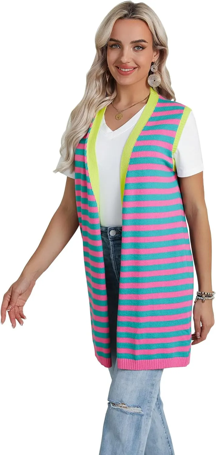 Dresswel Women's Color Block Striped Kimono Cardigan Vest Sleeveless Open Front Colorful Duster Sweater Soft Knit Long Vest
