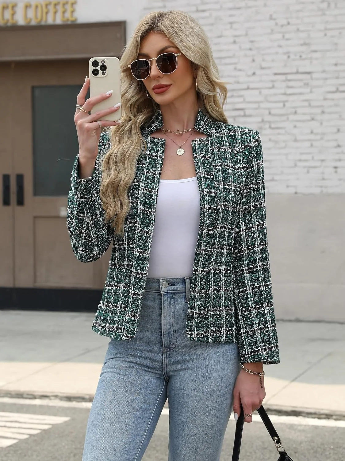 ELLEVEN Womens' Tweed Blazer Long Sleeve Jacket Notch Collar Fully Lined Casual Business Trendy Elegant Work Office Coat