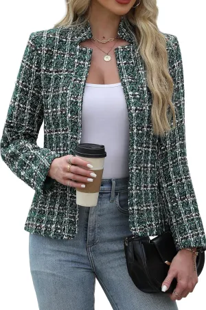 ELLEVEN Womens' Tweed Blazer Long Sleeve Jacket Notch Collar Fully Lined Casual Business Trendy Elegant Work Office Coat