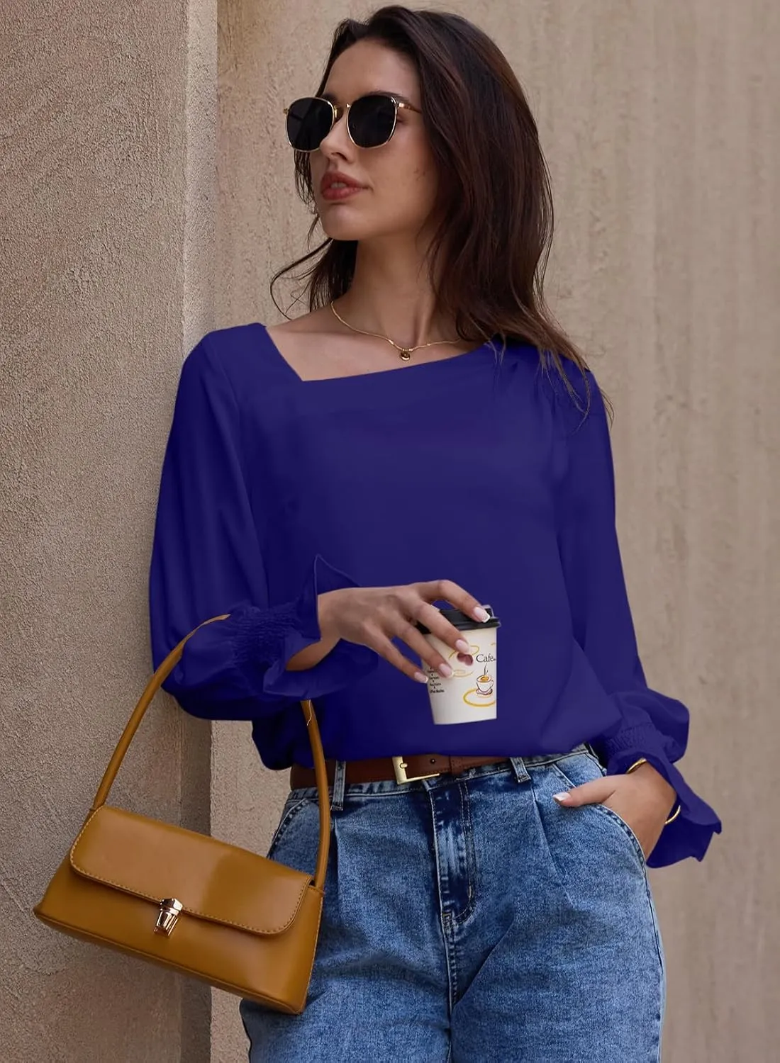 EVALESS Blouses for Women Dressy Casual Pleated Long Sleeve Tops Asymmetrical V Neck Business Work Shirts