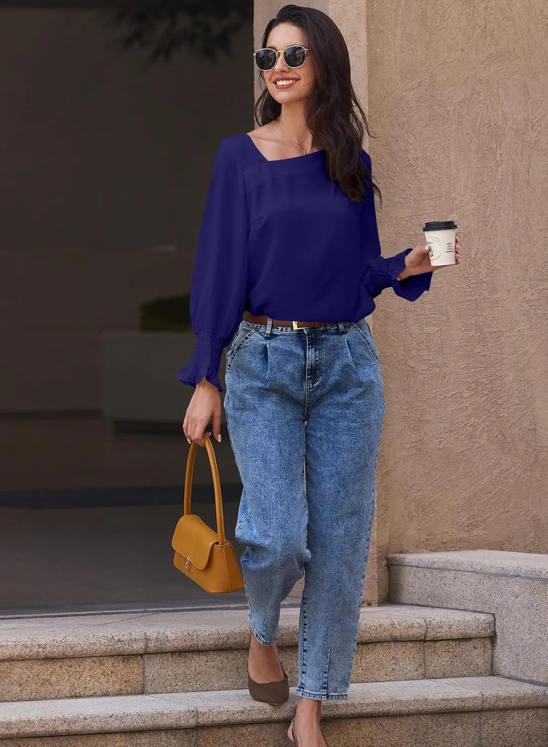 EVALESS Blouses for Women Dressy Casual Pleated Long Sleeve Tops Asymmetrical V Neck Business Work Shirts