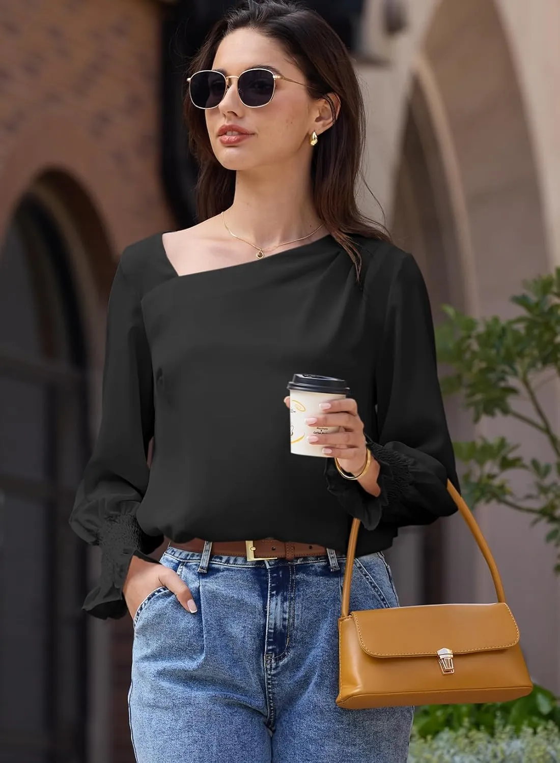 EVALESS Blouses for Women Dressy Casual Pleated Long Sleeve Tops Asymmetrical V Neck Business Work Shirts