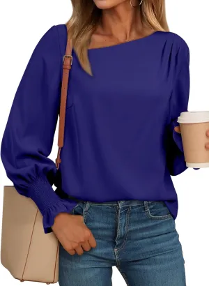 EVALESS Blouses for Women Dressy Casual Pleated Long Sleeve Tops Asymmetrical V Neck Business Work Shirts