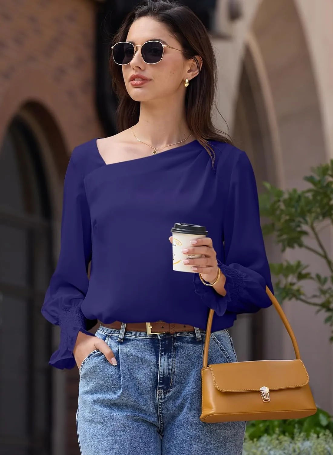 EVALESS Blouses for Women Dressy Casual Pleated Long Sleeve Tops Asymmetrical V Neck Business Work Shirts
