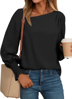 EVALESS Blouses for Women Dressy Casual Pleated Long Sleeve Tops Asymmetrical V Neck Business Work Shirts