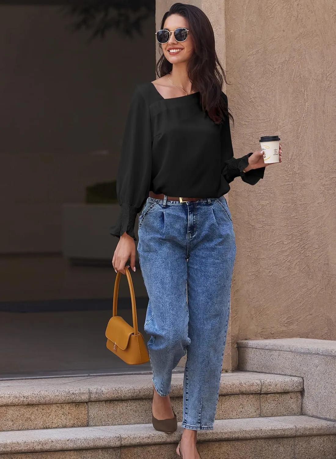 EVALESS Blouses for Women Dressy Casual Pleated Long Sleeve Tops Asymmetrical V Neck Business Work Shirts