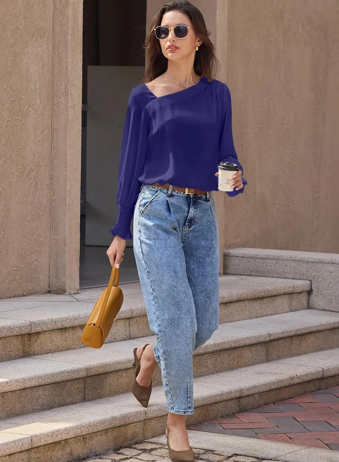 EVALESS Blouses for Women Dressy Casual Pleated Long Sleeve Tops Asymmetrical V Neck Business Work Shirts