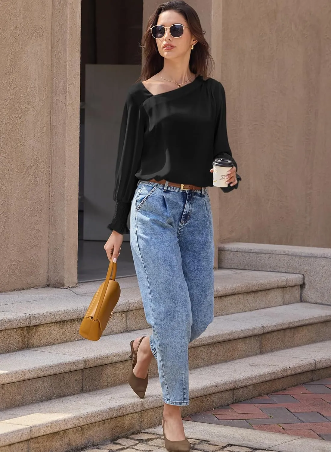 EVALESS Blouses for Women Dressy Casual Pleated Long Sleeve Tops Asymmetrical V Neck Business Work Shirts