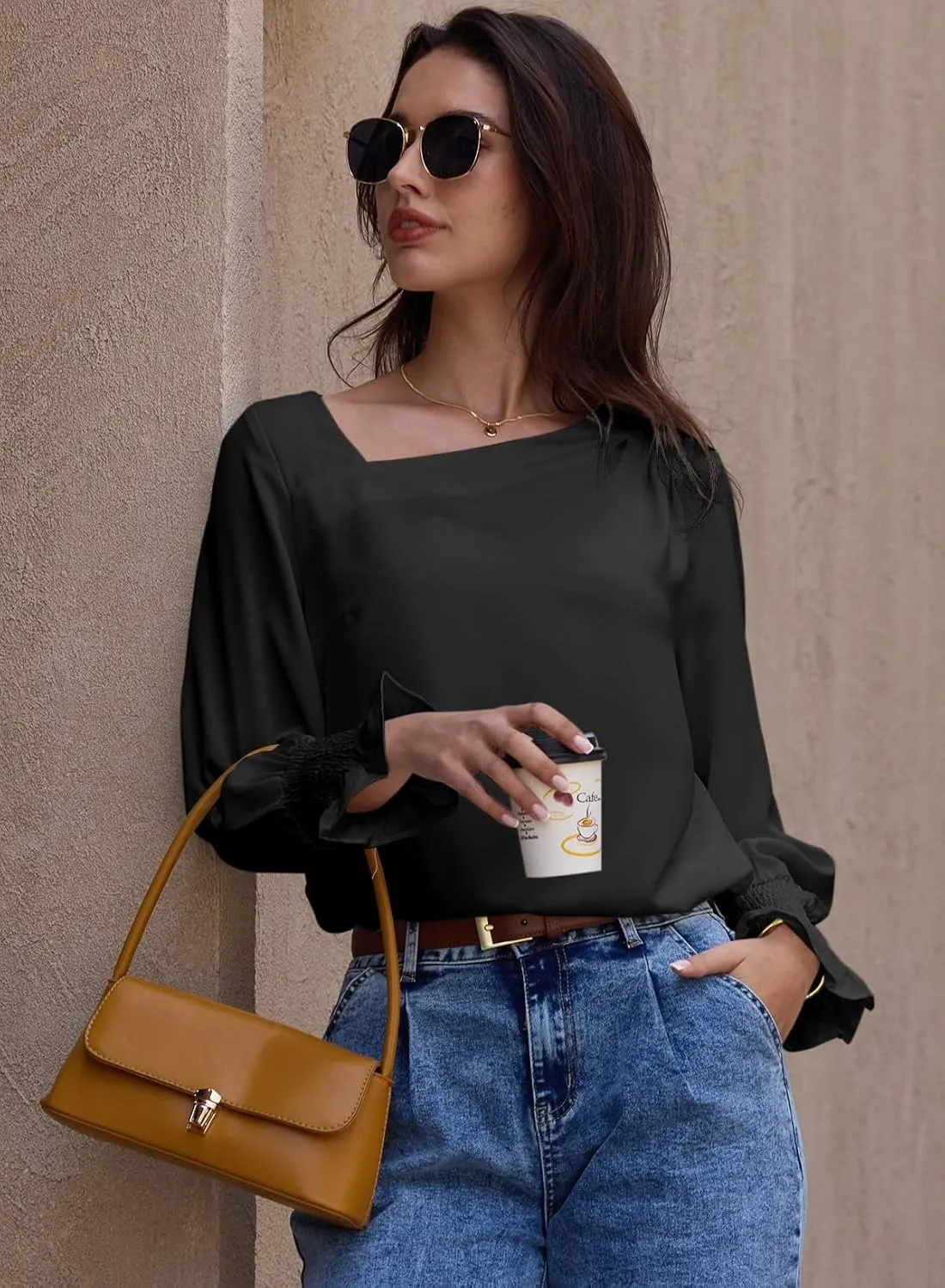 EVALESS Blouses for Women Dressy Casual Pleated Long Sleeve Tops Asymmetrical V Neck Business Work Shirts