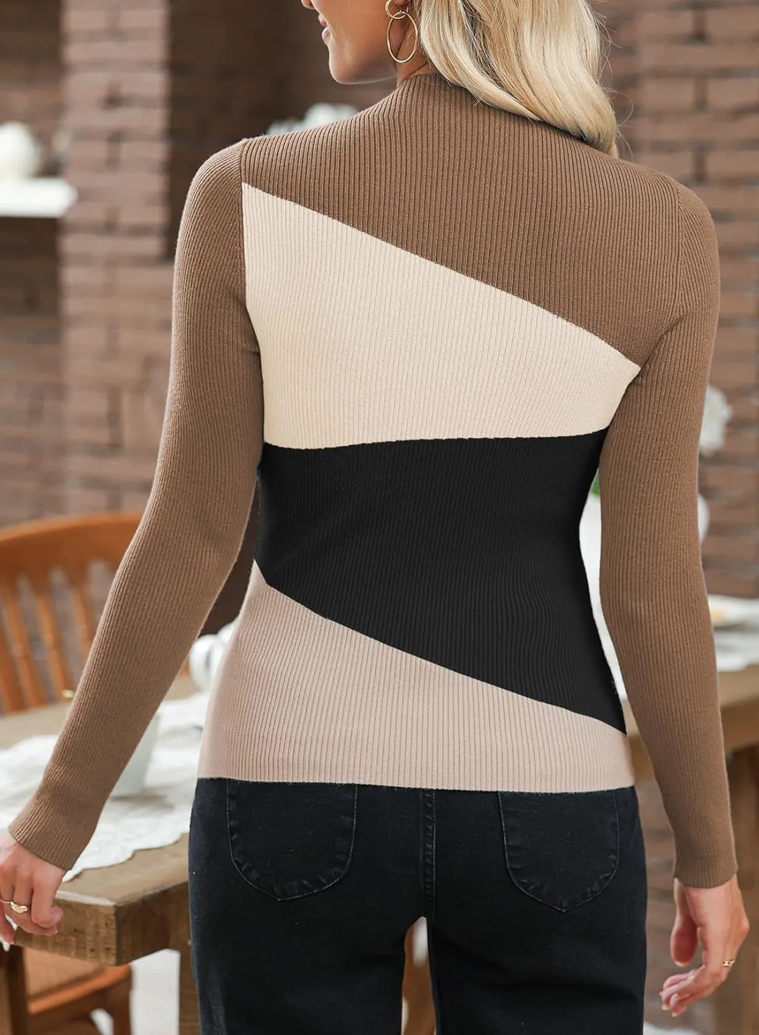 EVALESS Color Block Sweaters for Women Trendy Turtleneck Long Sleeve Fall Sweaters 2024 Ribbed Knit Slim Fit Sweater Tops