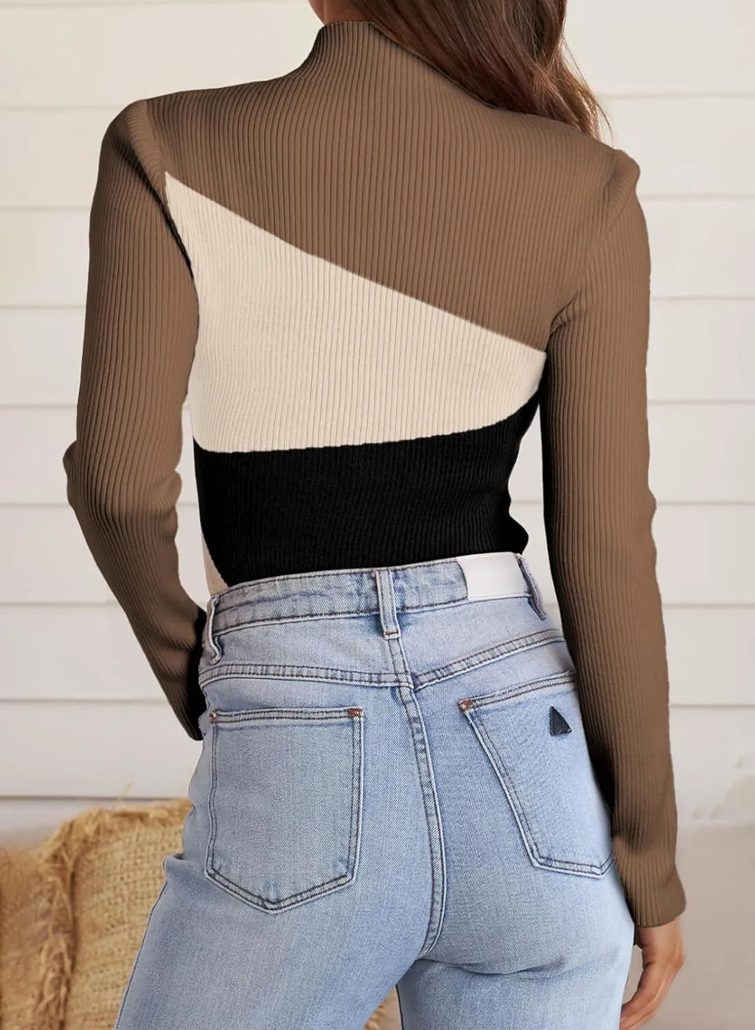 EVALESS Color Block Sweaters for Women Trendy Turtleneck Long Sleeve Fall Sweaters 2024 Ribbed Knit Slim Fit Sweater Tops