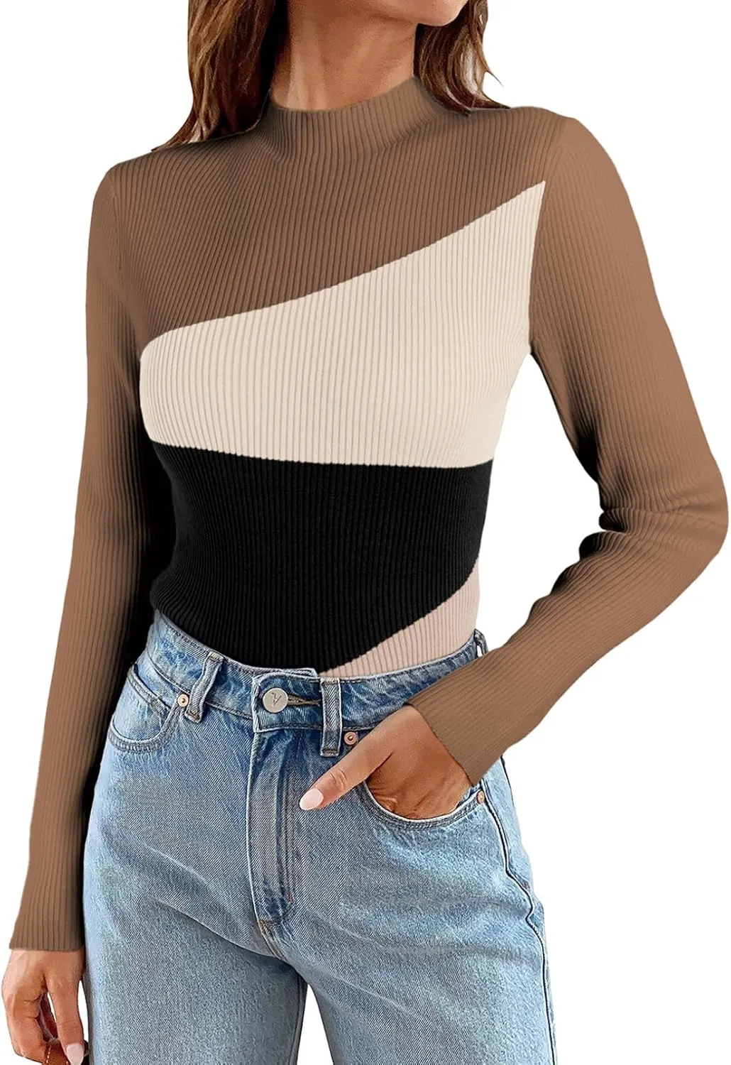 EVALESS Color Block Sweaters for Women Trendy Turtleneck Long Sleeve Fall Sweaters 2024 Ribbed Knit Slim Fit Sweater Tops