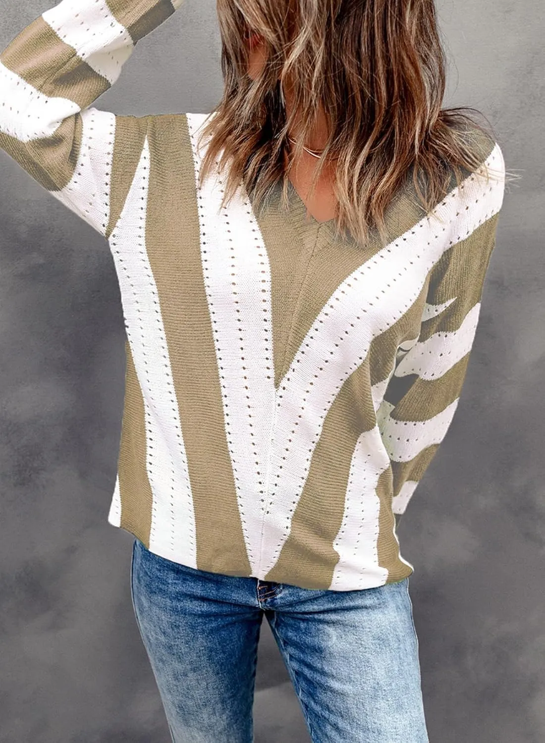 EVALESS Sweaters for Women Sleeve Sexy Deep V Neck Casual Knit Striped Pullover Sweater