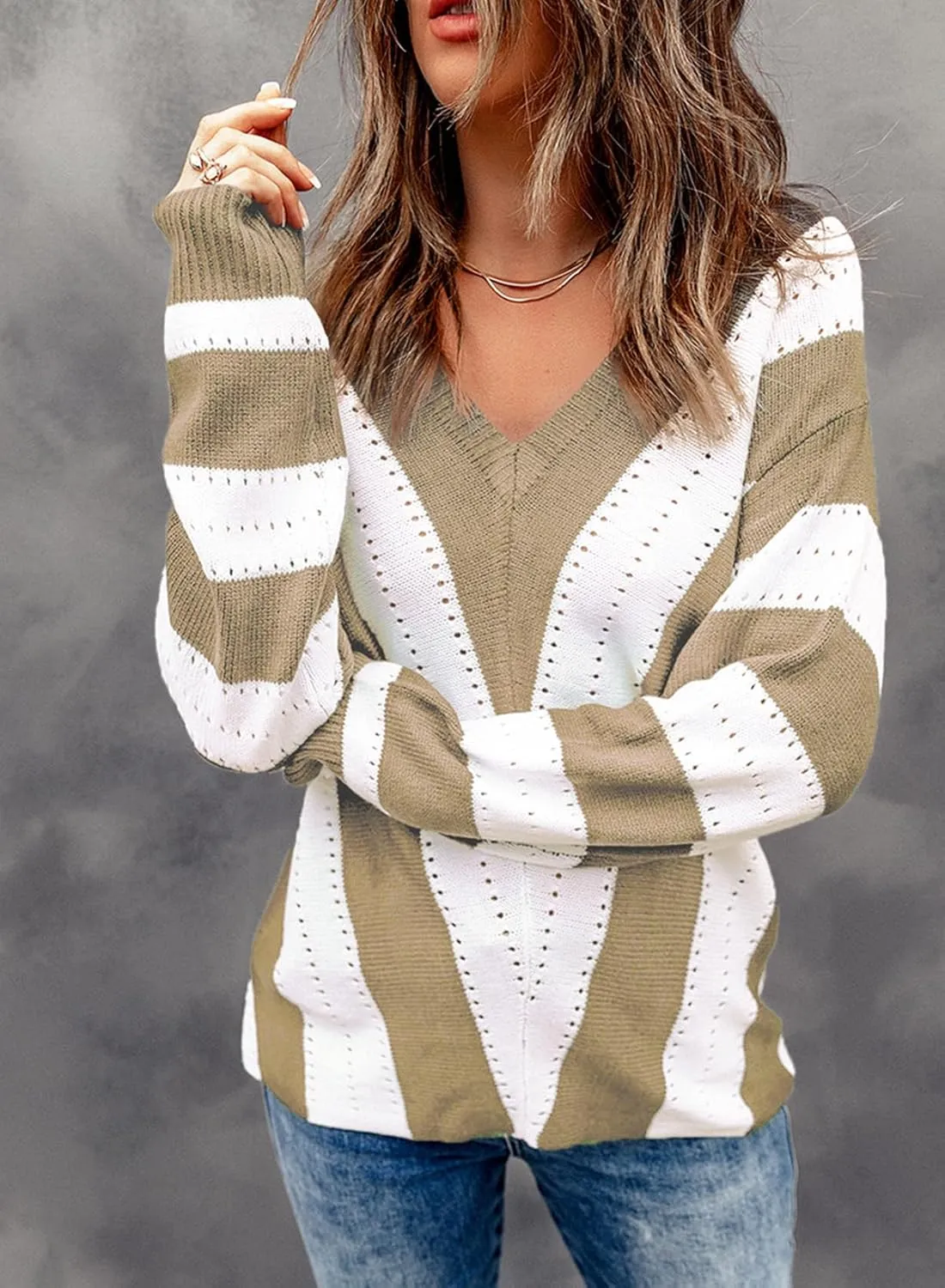 EVALESS Sweaters for Women Sleeve Sexy Deep V Neck Casual Knit Striped Pullover Sweater