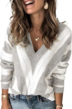EVALESS Sweaters for Women Sleeve Sexy Deep V Neck Casual Knit Striped Pullover Sweater