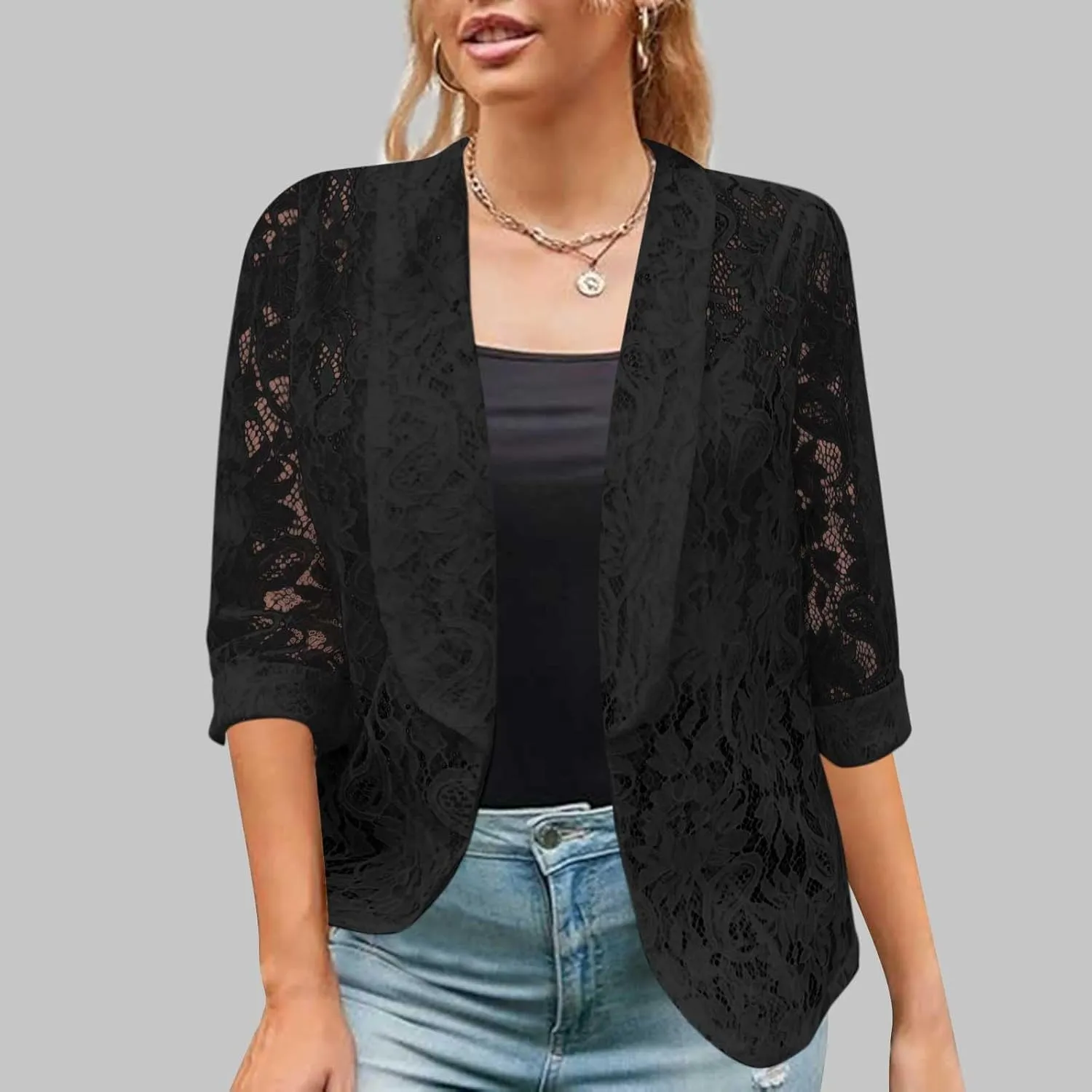 Firzero Black Blazer Jacket for Women Solid Color Sheer Lace Jacket Blazer Long Sleeve Open Front Button Casual Jacket