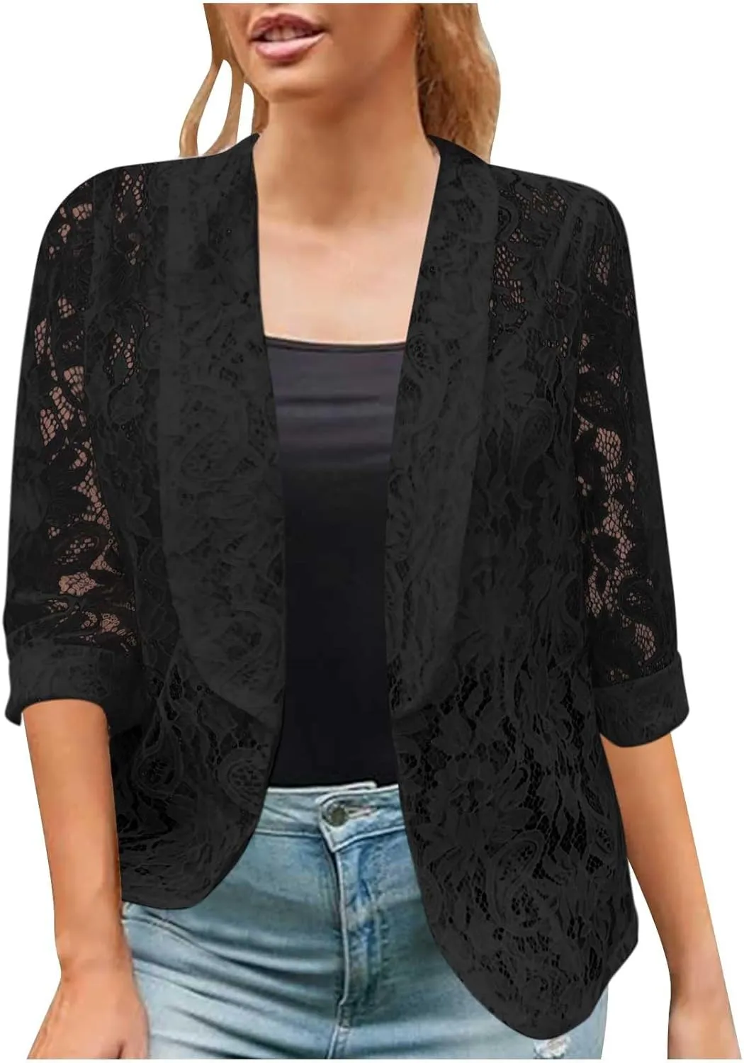 Firzero Black Blazer Jacket for Women Solid Color Sheer Lace Jacket Blazer Long Sleeve Open Front Button Casual Jacket
