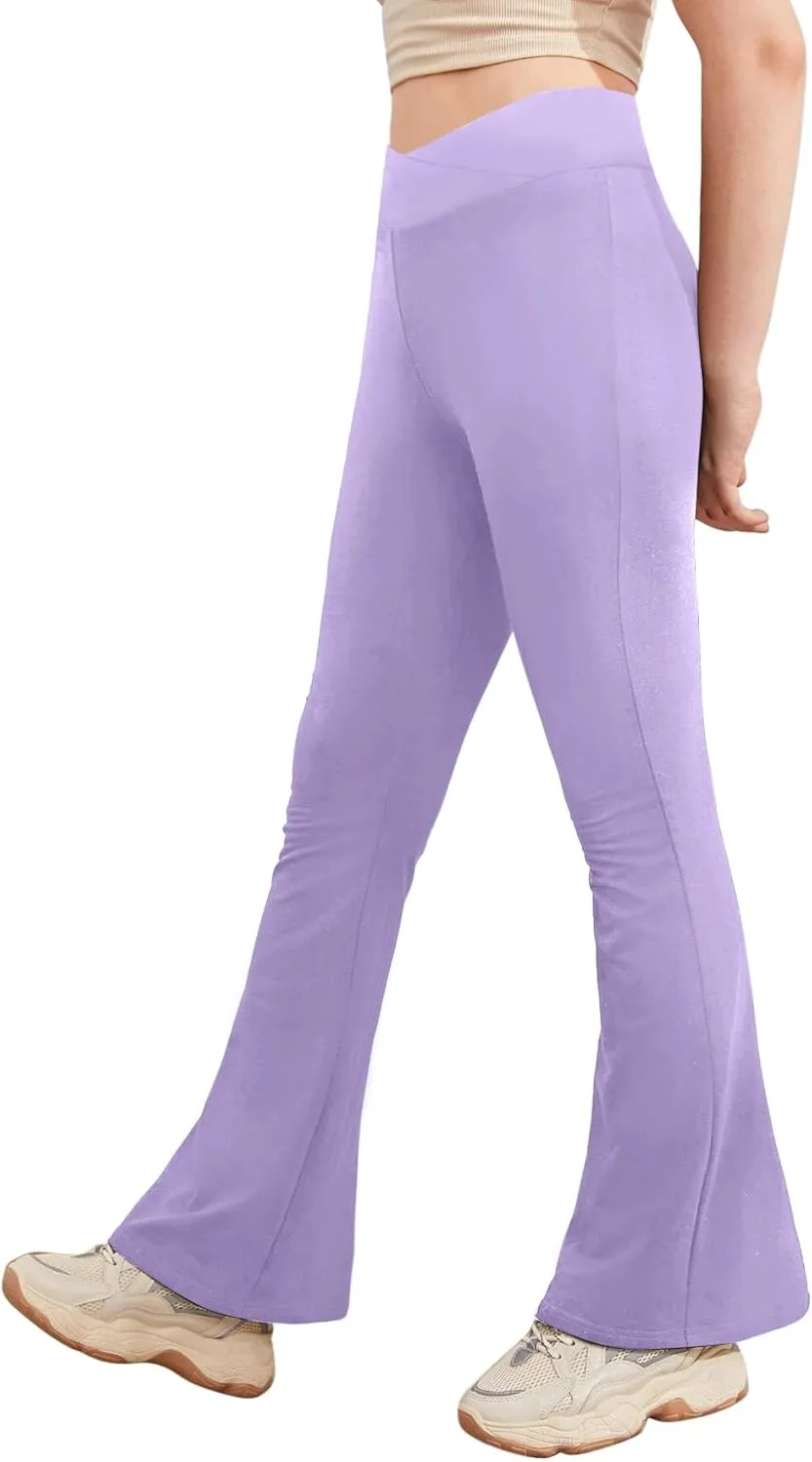 Girl's Leggings Cross High Waisted Flare Pants Yoga Bootcut Pants Solid Color Full Length Bell Bottoms