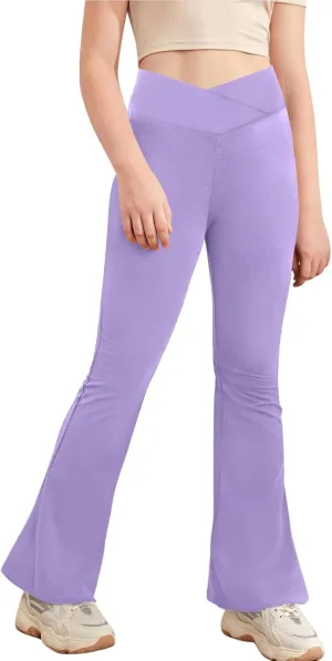 Girl's Leggings Cross High Waisted Flare Pants Yoga Bootcut Pants Solid Color Full Length Bell Bottoms