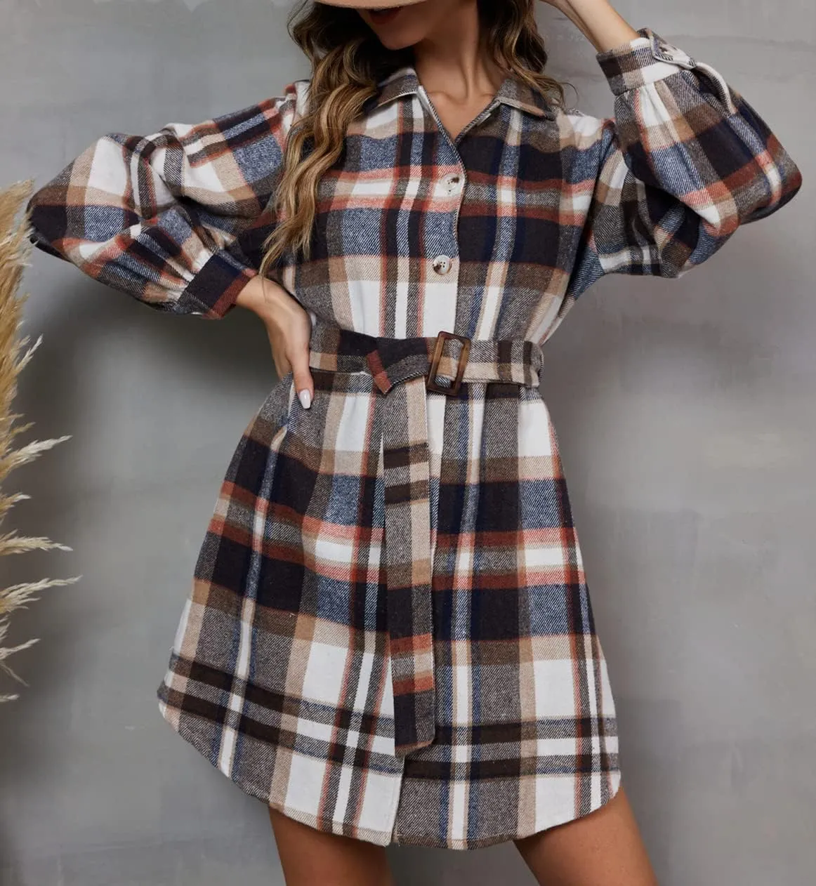HOTOUCH Women's Plaid Shacket Jacket Casual Button Lapel Flannel Tartan Trench Coat With Pockets