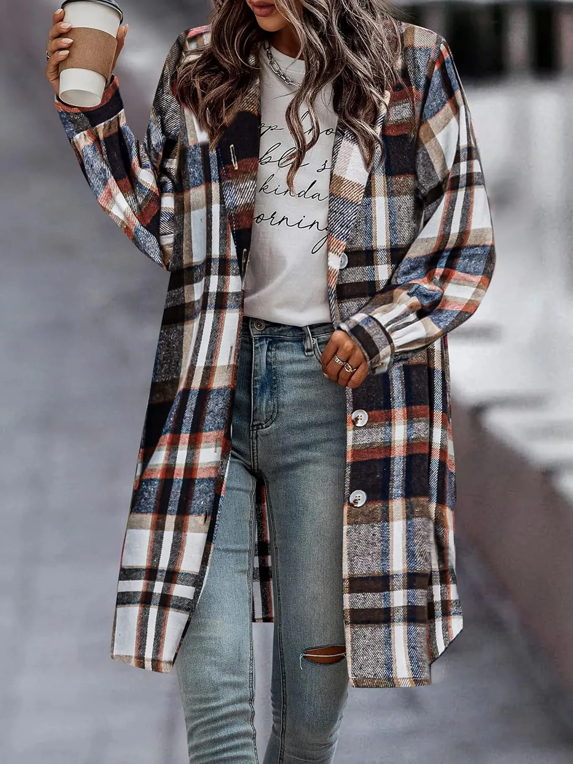 HOTOUCH Women's Plaid Shacket Jacket Casual Button Lapel Flannel Tartan Trench Coat With Pockets