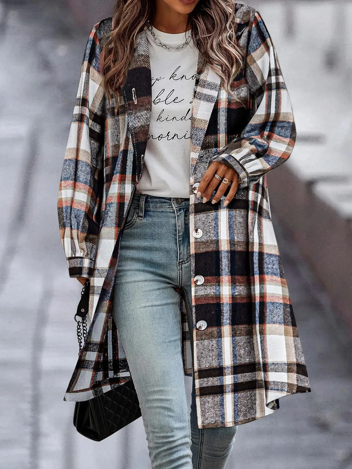 HOTOUCH Women's Plaid Shacket Jacket Casual Button Lapel Flannel Tartan Trench Coat With Pockets