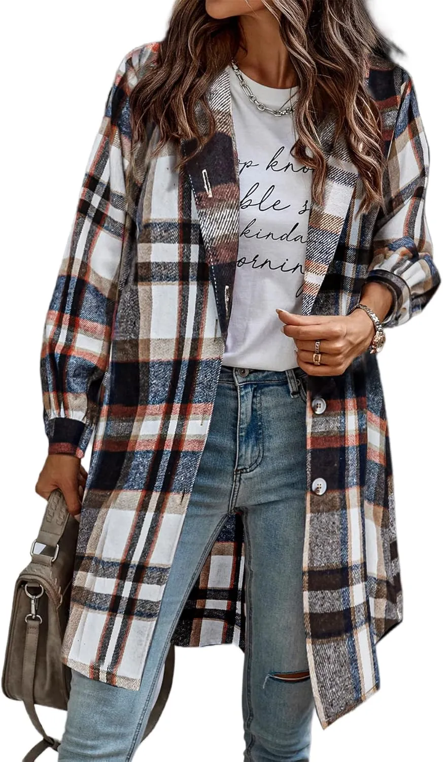 HOTOUCH Women's Plaid Shacket Jacket Casual Button Lapel Flannel Tartan Trench Coat With Pockets