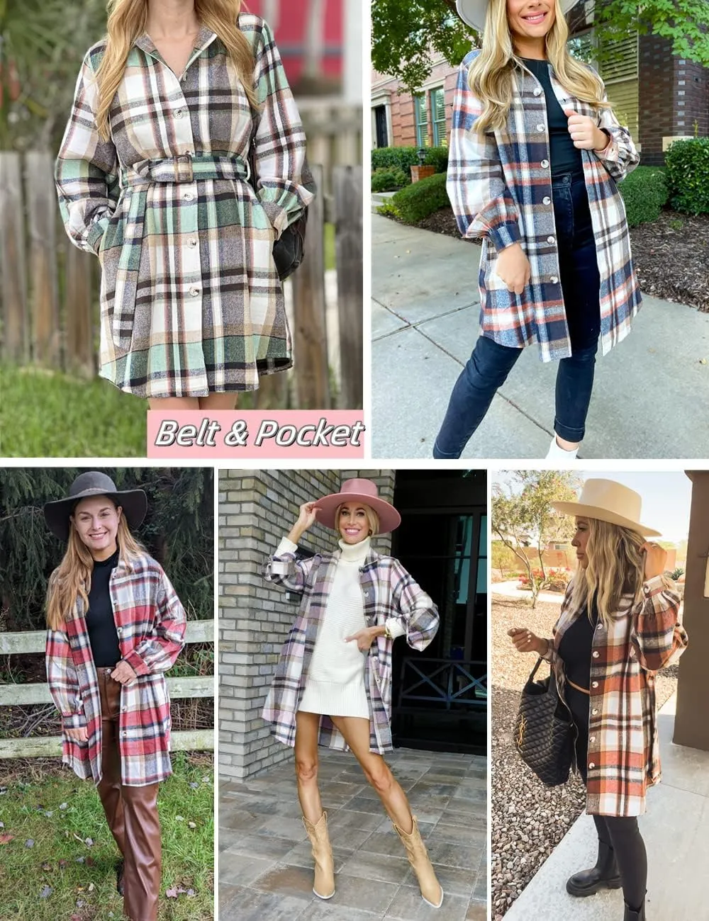 HOTOUCH Women's Plaid Shacket Jacket Casual Button Lapel Flannel Tartan Trench Coat With Pockets