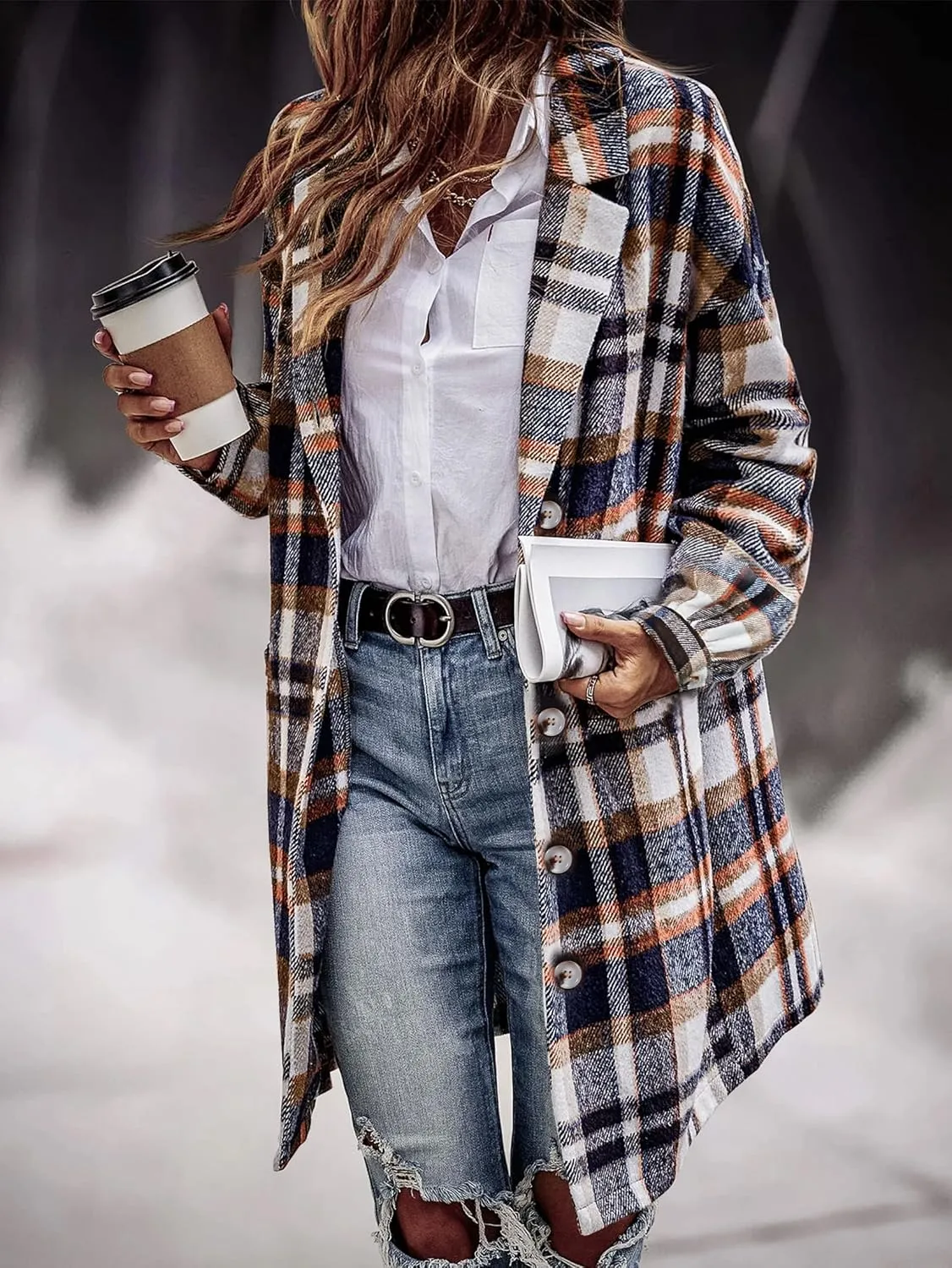 HOTOUCH Women's Plaid Shacket Jacket Casual Button Lapel Flannel Tartan Trench Coat With Pockets
