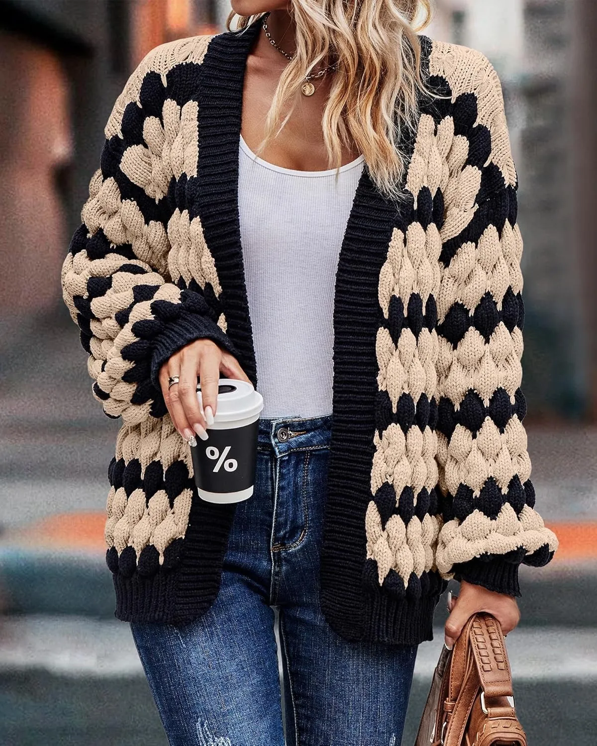 KIRUNDO Womens Cardigan Fall Fashion Lantern Sleeve Open Front Striped Color Block Loose Cable Knit Winter Sweater Coats