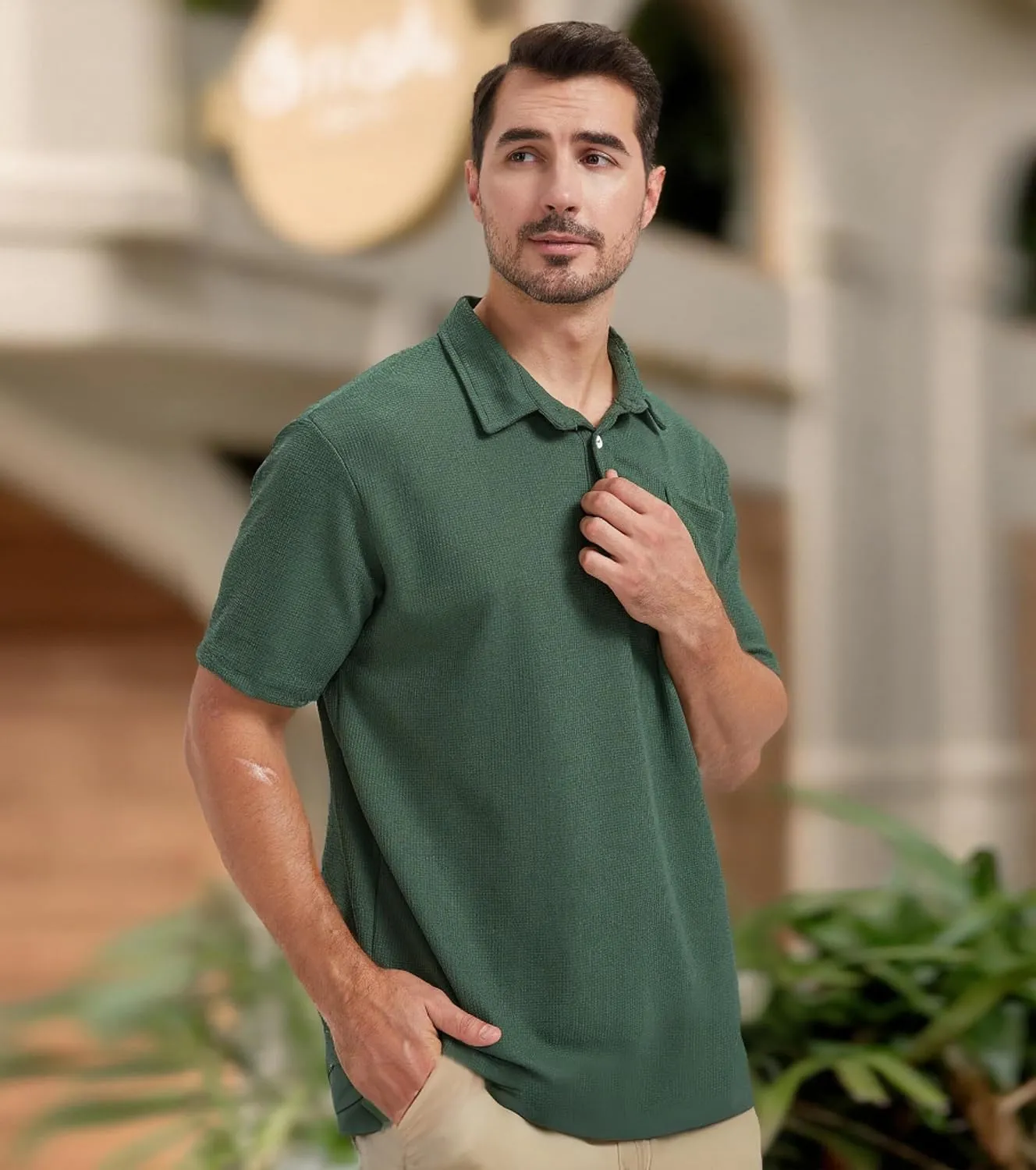 Knit Polo Shirts for Men Button Down Short Sleeve Shirt Men's Waffle Knitted T-Shirt Summer Golf Tee Shirt with Pocket