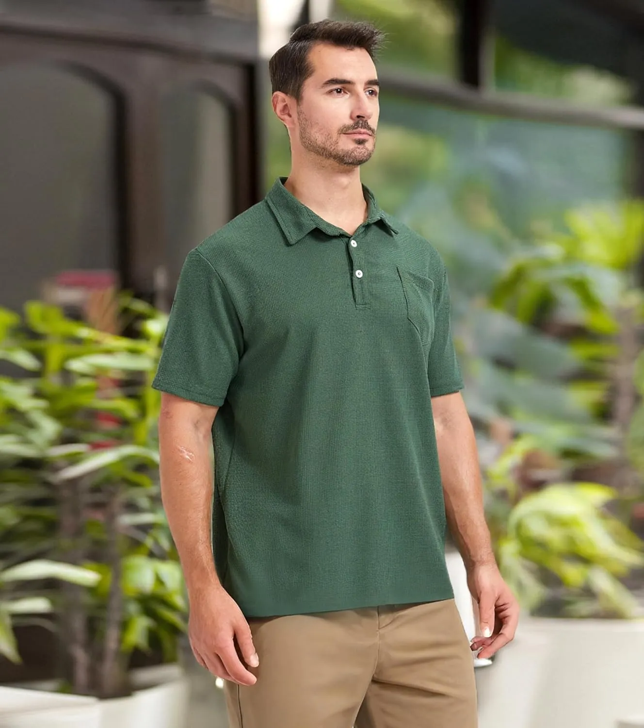 Knit Polo Shirts for Men Button Down Short Sleeve Shirt Men's Waffle Knitted T-Shirt Summer Golf Tee Shirt with Pocket