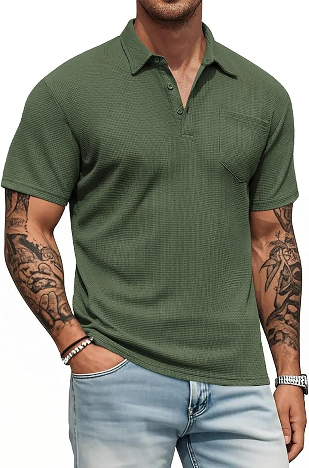 Knit Polo Shirts for Men Button Down Short Sleeve Shirt Men's Waffle Knitted T-Shirt Summer Golf Tee Shirt with Pocket