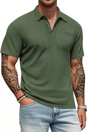 Knit Polo Shirts for Men Button Down Short Sleeve Shirt Men's Waffle Knitted T-Shirt Summer Golf Tee Shirt with Pocket