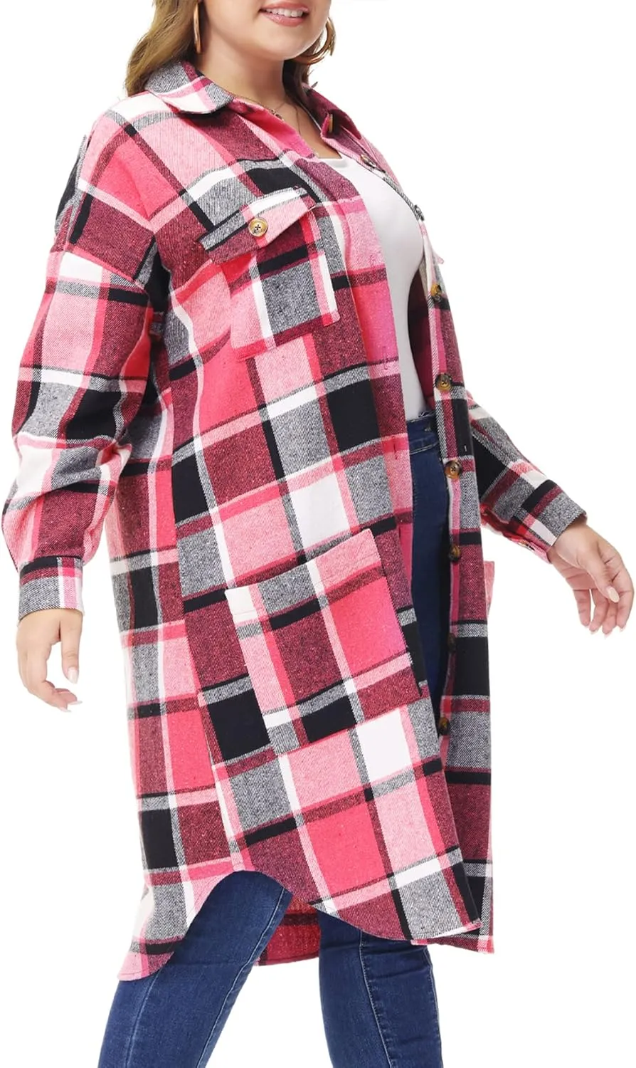MCEDAR Women's Oversized Long Plaid Shacket Jacket Casual Lapel Long Sleeve Button Down Plus Size Flannel Shirt (S-4X)