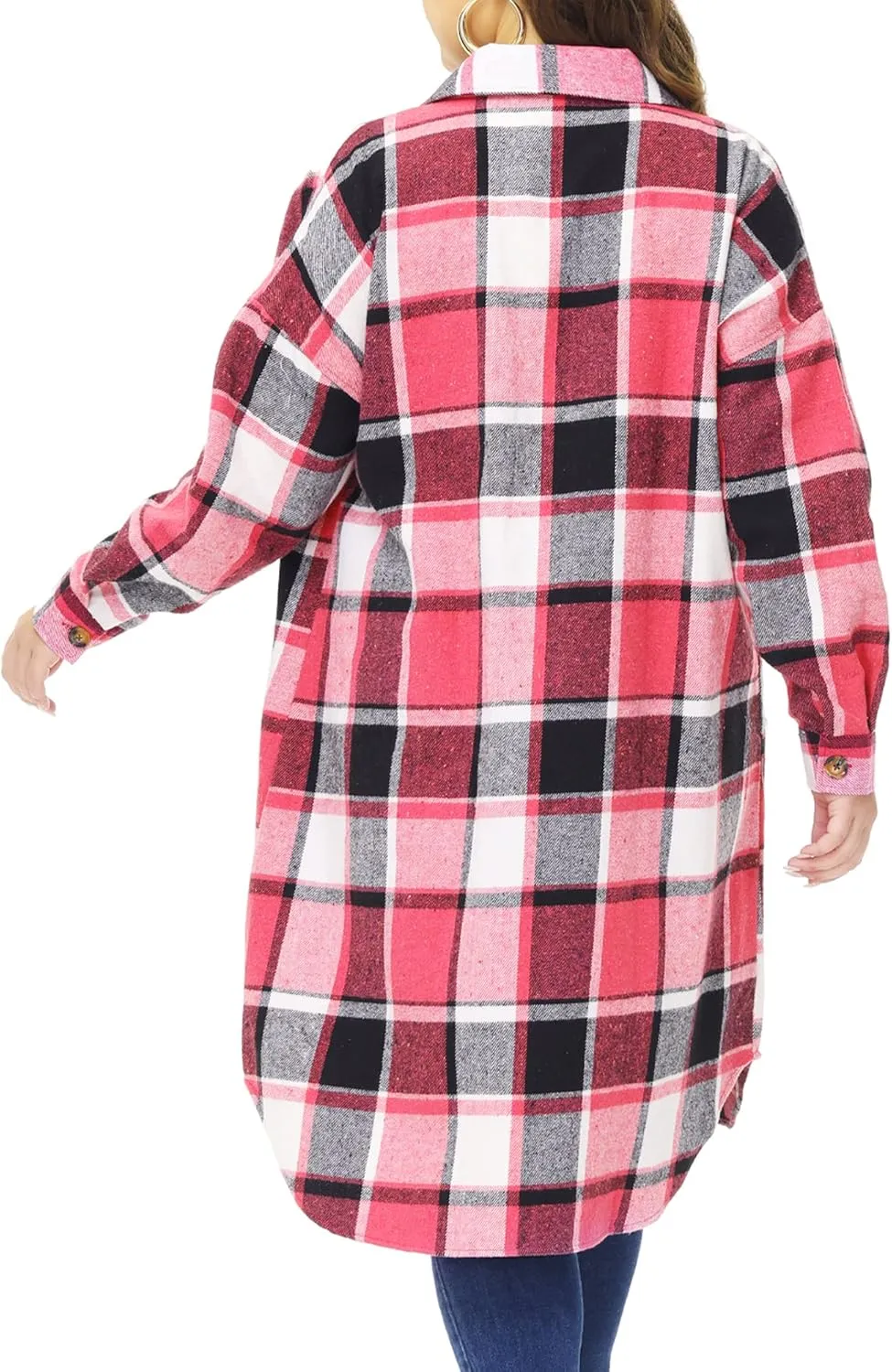 MCEDAR Women's Oversized Long Plaid Shacket Jacket Casual Lapel Long Sleeve Button Down Plus Size Flannel Shirt (S-4X)