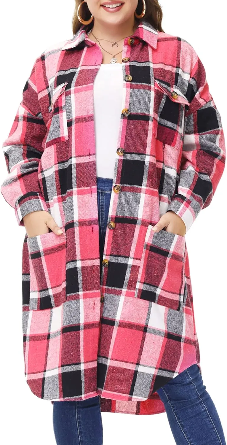 MCEDAR Women's Oversized Long Plaid Shacket Jacket Casual Lapel Long Sleeve Button Down Plus Size Flannel Shirt (S-4X)