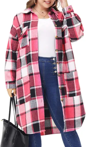MCEDAR Women's Oversized Long Plaid Shacket Jacket Casual Lapel Long Sleeve Button Down Plus Size Flannel Shirt (S-4X)