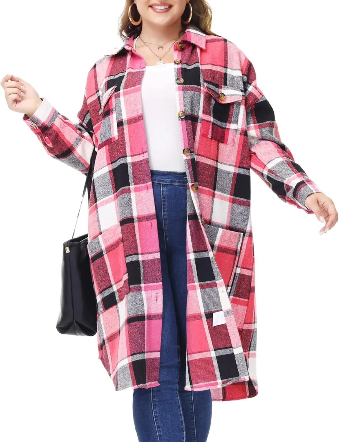 MCEDAR Women's Oversized Long Plaid Shacket Jacket Casual Lapel Long Sleeve Button Down Plus Size Flannel Shirt (S-4X)
