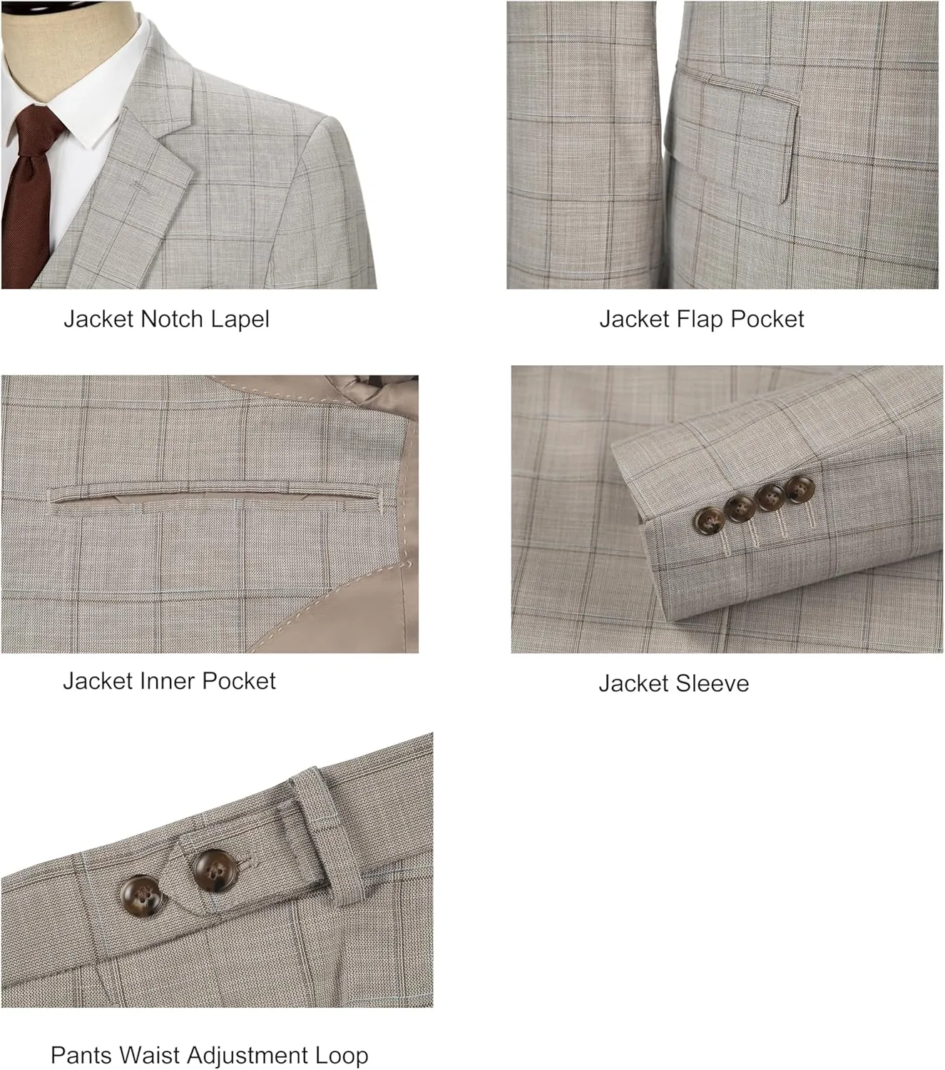 Men's 3 Pieces Slim Fit Plaid Suits Wedding Party Checked Tuxedo Blazer Jacket Vest Pants Suit Set