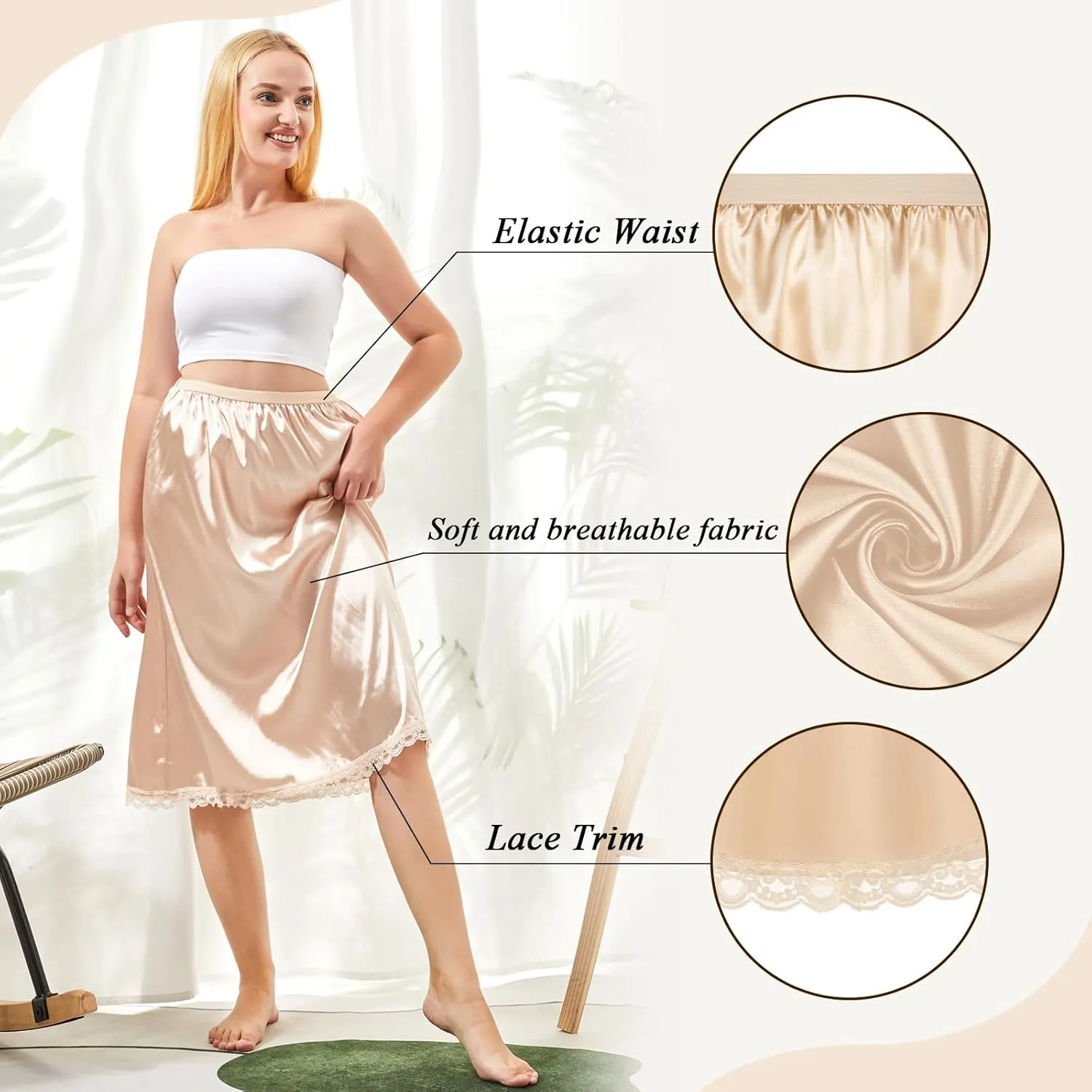 Mepase 3 Pieces Women's Satin Half Slip for Under Dresses 3 Kinds of Length 19, 27, 35 Inch Slip Dress with Lace