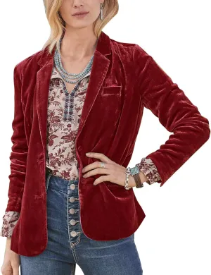 MINTLIMIT Women's Velvet Blazer Casual Notched Lapel Solid Buttons Velvet Blazer Jacket (Red,L)