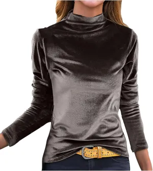 Mock Neck Velvet Tops for Women Slim Fit Long Sleeve Shirts Dressy Casual Plain Velour T-Shirt Blouses